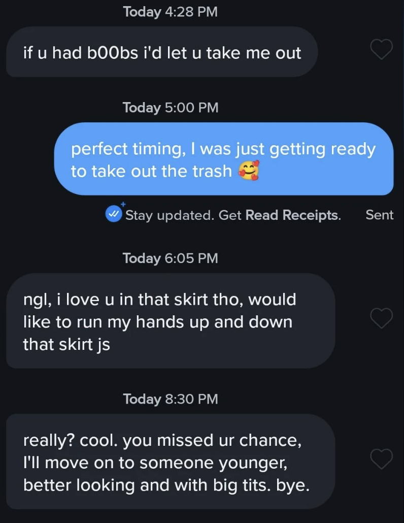 Text message conversation: Person 1 expresses affection and attraction, while Person 2 rejects them, stating they'll move on to someone younger and get rid of toxic ties
