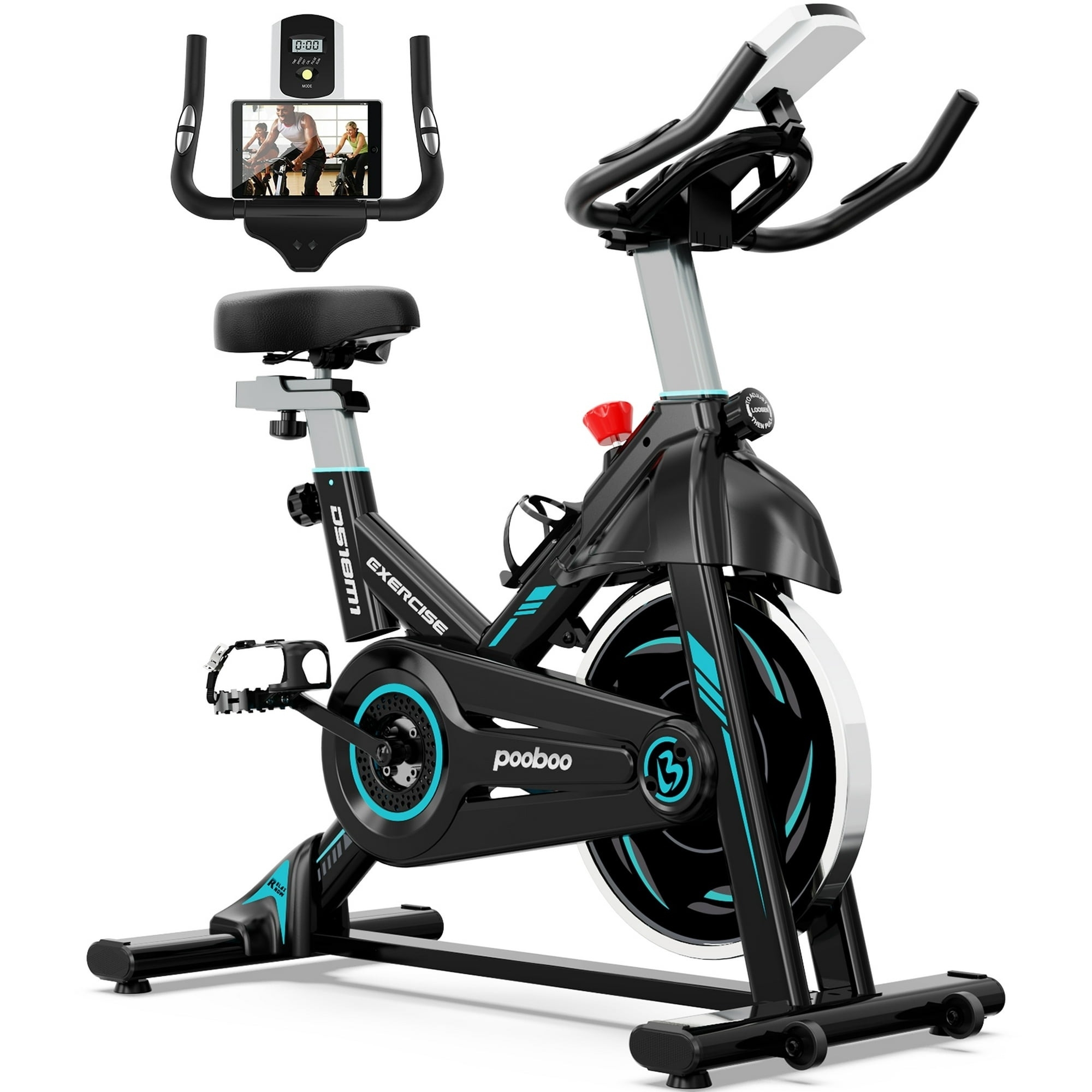 Exercise bike with a black and blue design featuring an adjustable seat, monitor holder, and water bottle holder on the frame