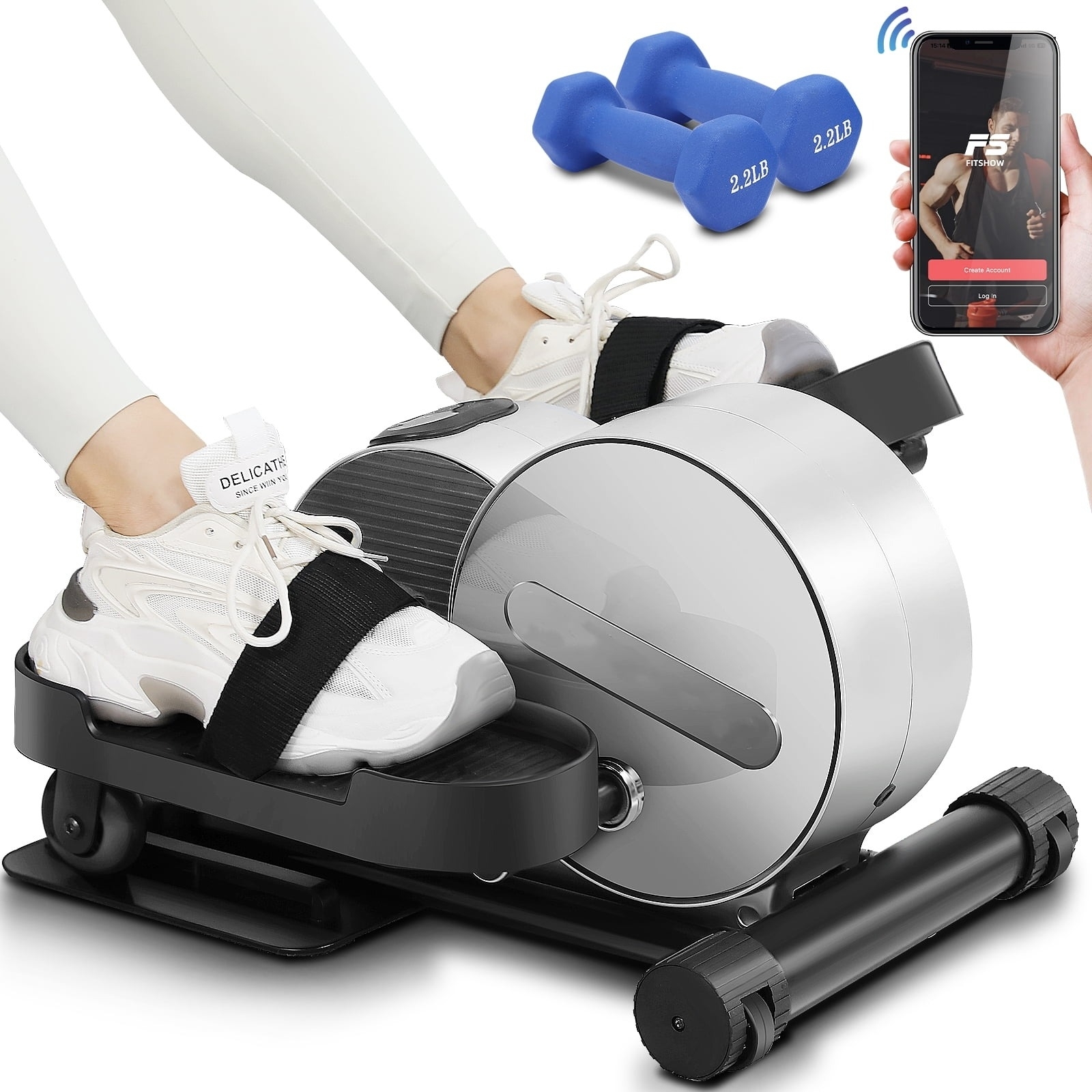 Person using a compact elliptical workout machine with foot straps, with a 2.2 lb weight set and a phone app for tracking workouts in the background
