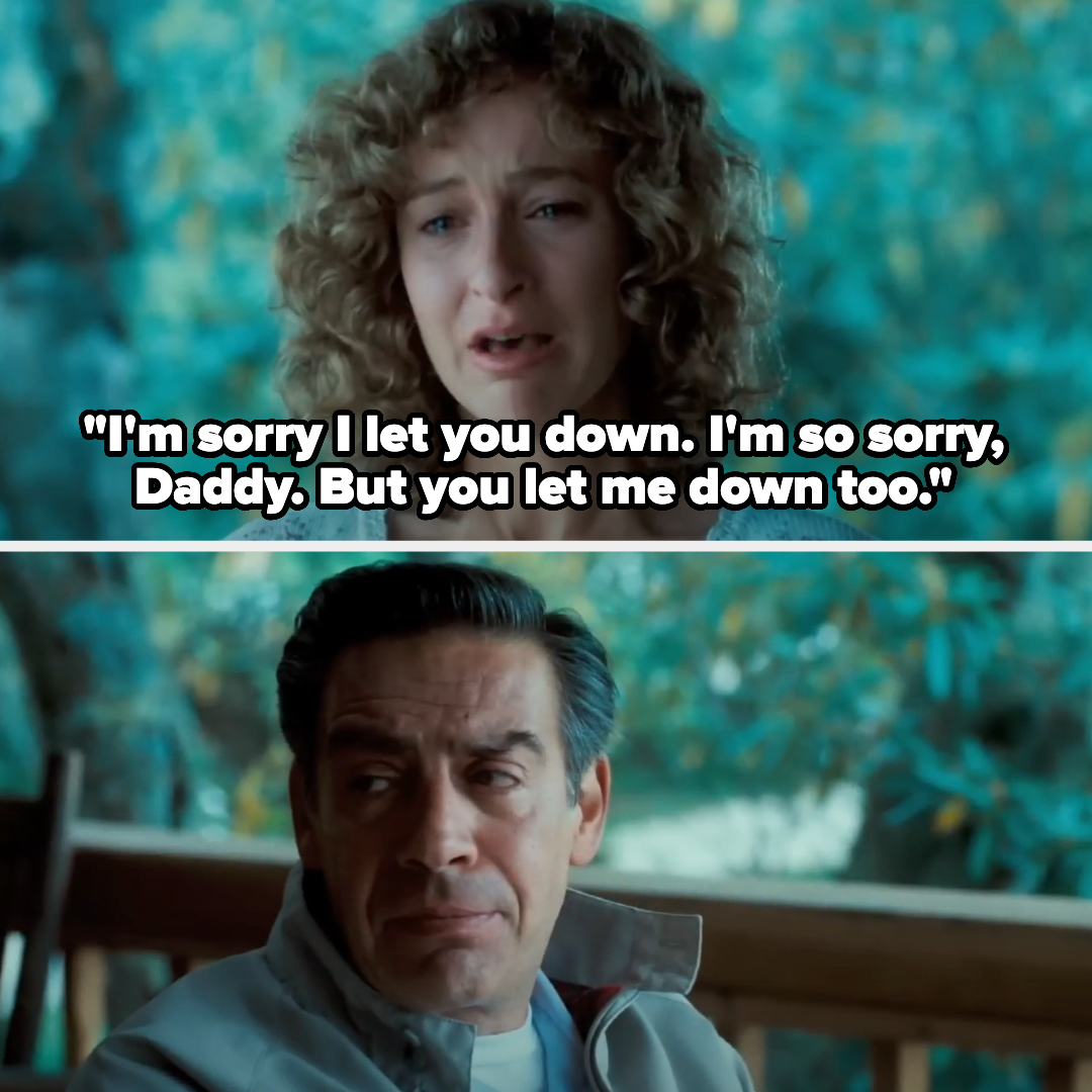 Top: Jennifer Grey crying, saying, "I'm sorry I let you down. I'm so sorry, Daddy. But you let me down too." Bottom: Jerry Orbach looking concerned