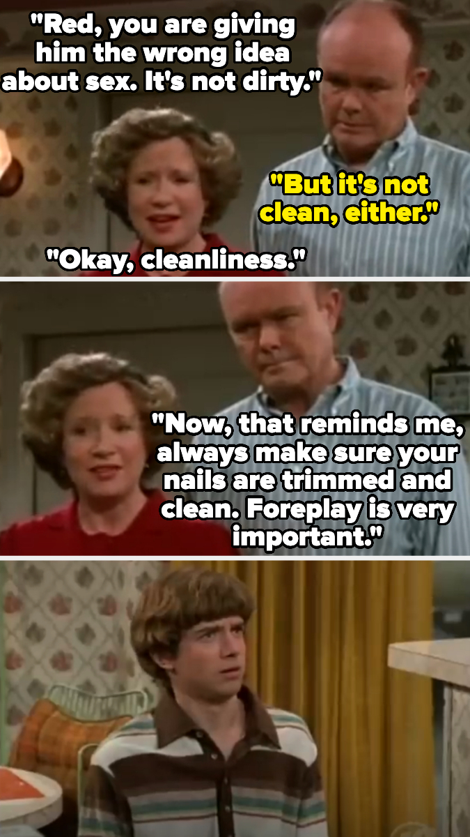 Kitty, Red, and Eric from "That '70s Show". Kitty and Red discuss sex advice while Eric looks surprised. Speech bubbles show their conversation: sex, cleanliness, and foreplay