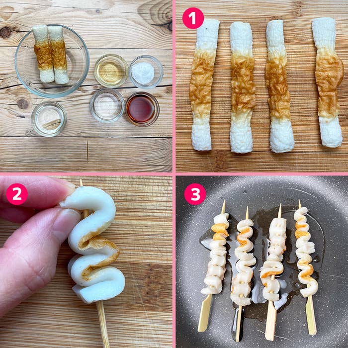 ちくわを使った料理の手順。1. 材料（ちくわ、調味料）を準備。2. ちくわをねじって串に刺す。3. フライパンで串を焼く。