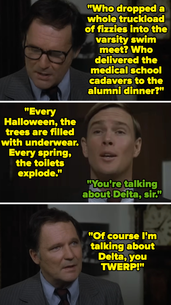 Scene from a movie with two characters, a stern man asking rhetorical questions and a younger man answering. Key dialogue revolves around Delta