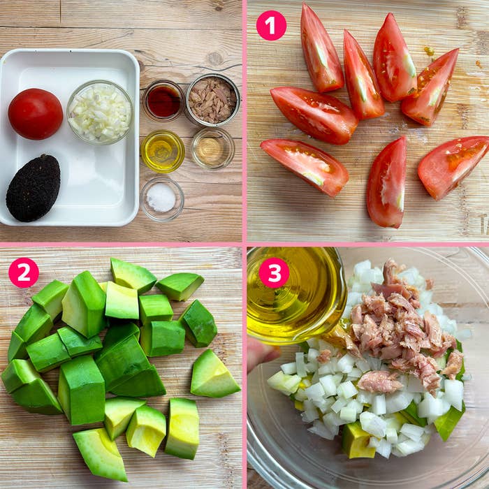 4枚の写真。1枚目はトマト、玉ねぎ、ツナ、塩、オリーブオイル、酢、アボカド。2枚目は角切りのアボカド。3枚目は玉ねぎとツナにオリーブオイルを加える。