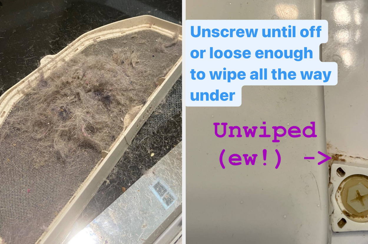Close-up of a lint trap from a dryer with dust and hairs on one side, and instructions saying "Unscrew until off or loose enough to wipe all the way under" and "Unwiped (ew!) ->"
