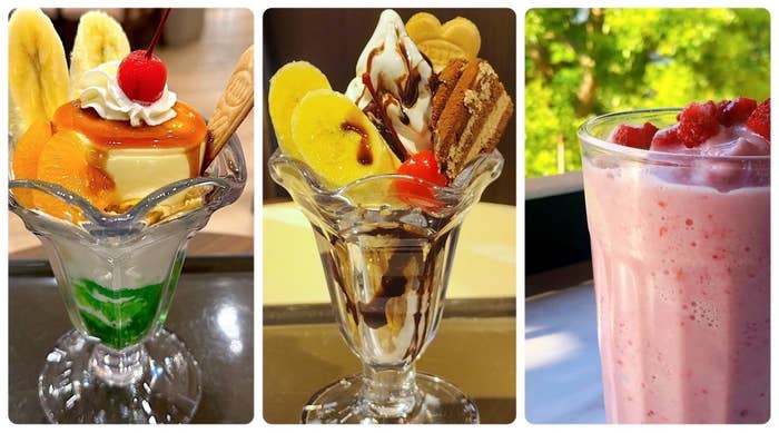 サンマルクのオススメご褒美スイーツ「プリンアラモードとクリームソーダ風ゼリーのレトロパフェ」「チョコケーキとバナナのチョコレートパフェ」「練乳いちごバナナスムージー」