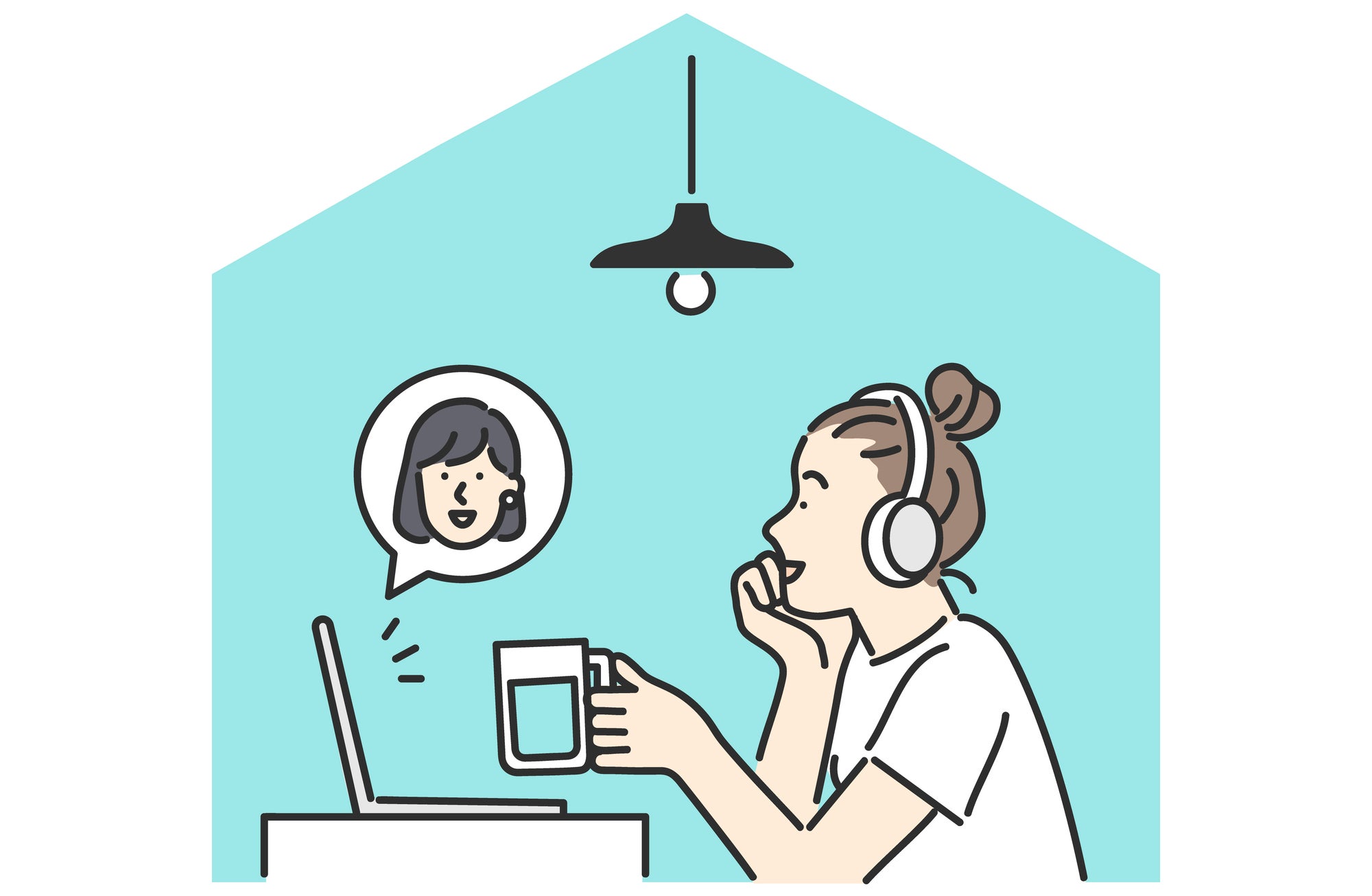 女性が自宅でヘッドフォンをつけてパソコンを使い、ドリンクを片手に他の女性とビデオ通話をしているイラスト。