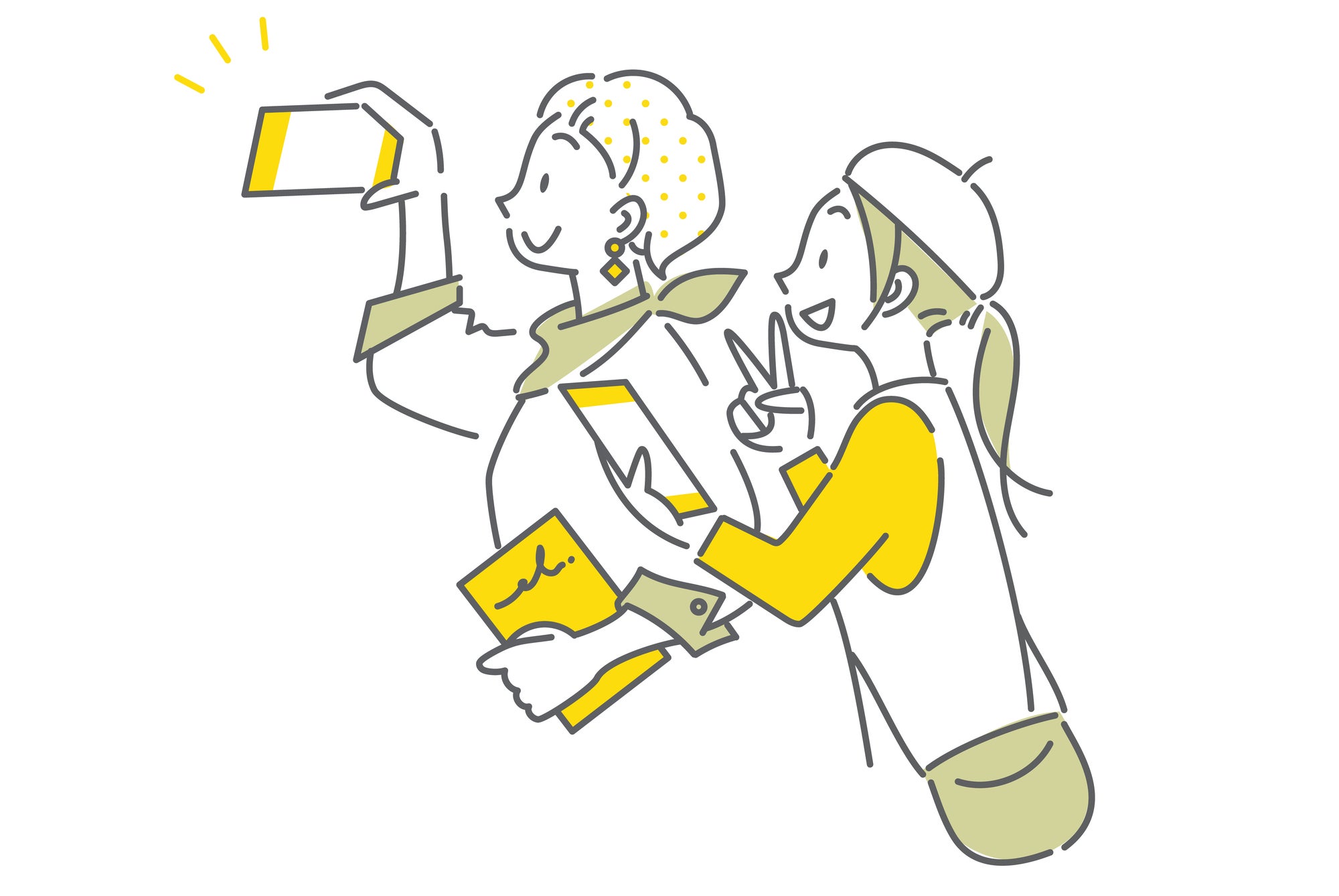 2人がスマートフォンで自撮りをしている。1人はサイン入りのノートを持ち、もう1人はピースサインをしている。