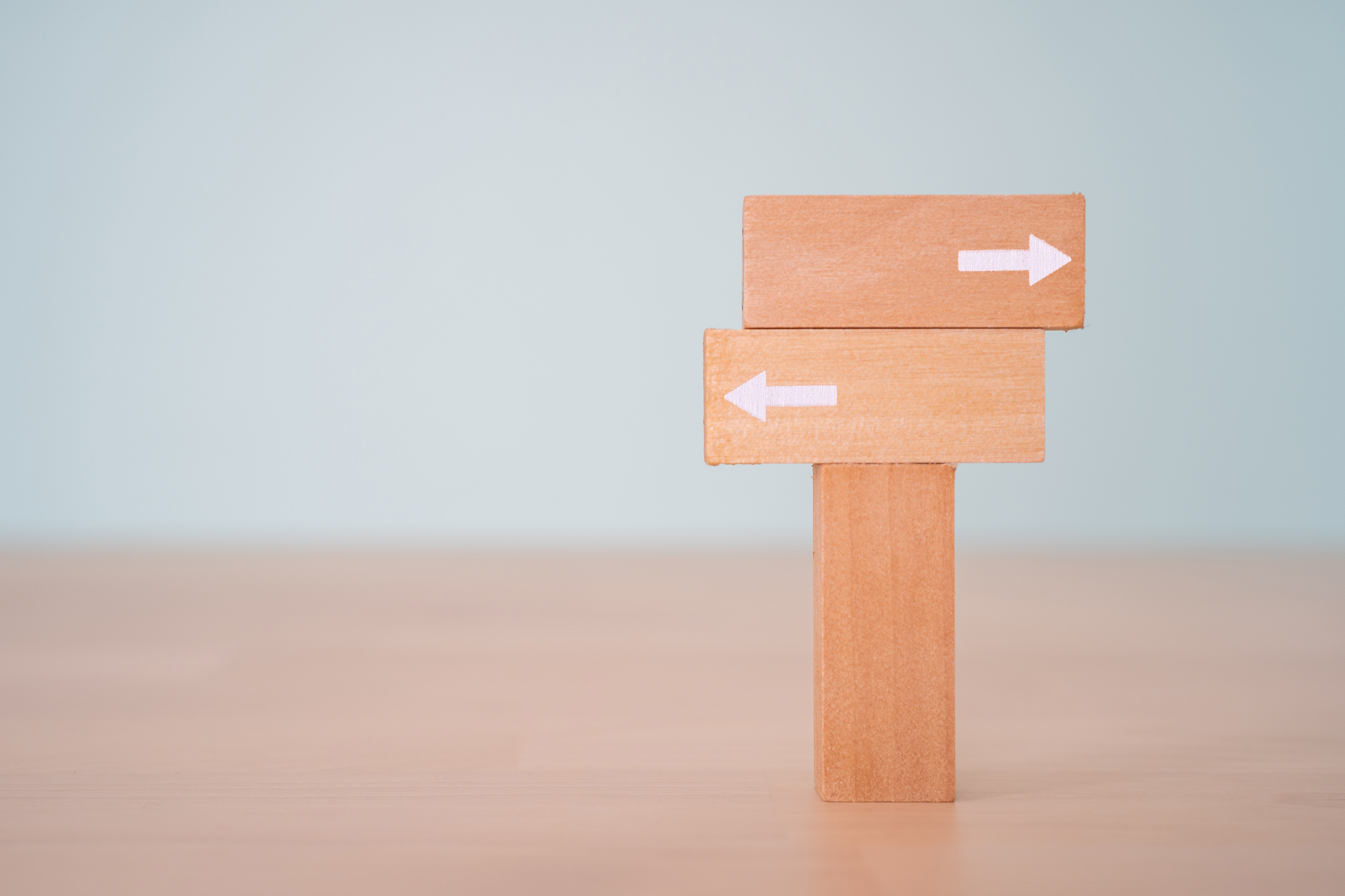 木製の標識、左右の矢印がそれぞれ異なる方向を指している。