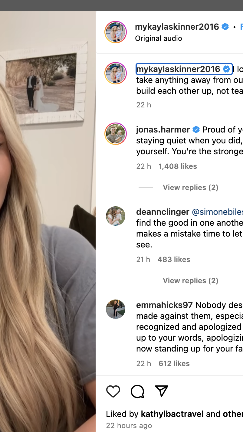 Myka Stauffer speaks in an Instagram video. Comments include support for her decision to apologize, encouragement, and mention of threats received