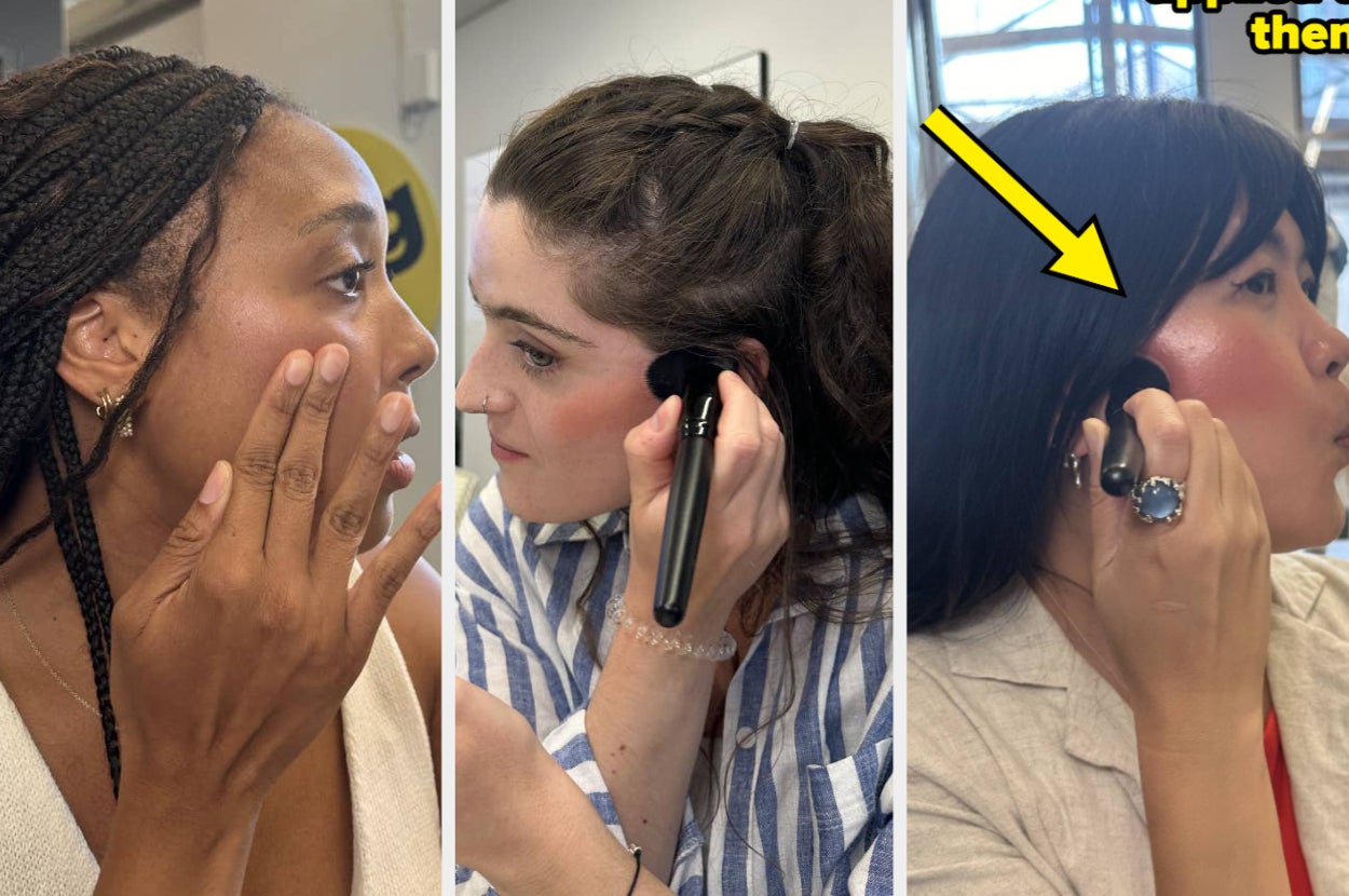 Three women demonstrating makeup application techniques, focusing on blending foundation and applying blush with brushes. Various angles show different methods