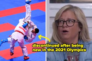 Two karate athletes in a match. A woman looks shocked. Text reads: "discontinued after being new in the 2021 Olympics"