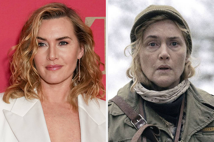 Kate Winslet on the left wearing a white blazer, and as a character in a military-style outfit on the right