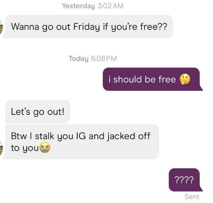 Text conversation: Person 1 asks if Person 2 is free on Friday. Person 2 agrees. Person 1 then shares inappropriate content, and Person 2 responds with &quot;????&quot;