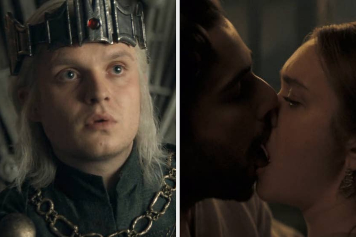 Split image: Aegon, then Alicent kissing Criston Cole