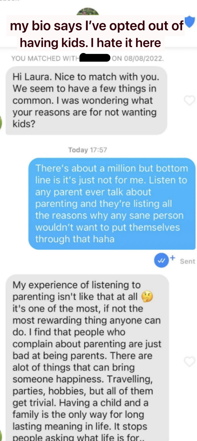 Screenshot of a conversation on a dating app between Gareth and Laura discussing their reasons for not wanting kids and the topic of parenting