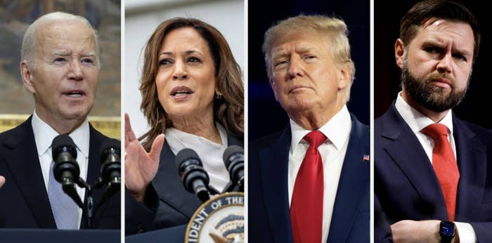 Joe Biden, Kamala Harris, Donald Trump, and JD Vance speak at various events, dressed in formal attire