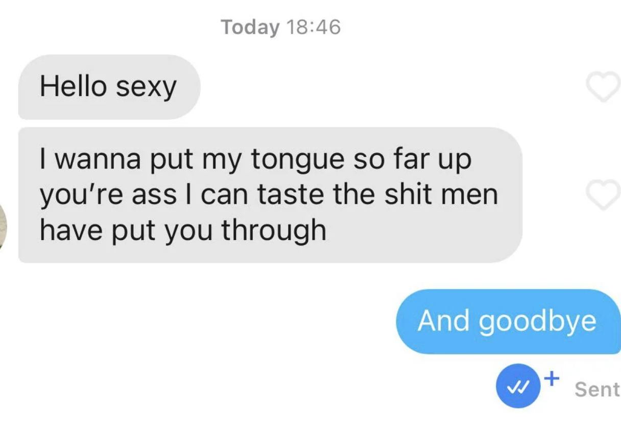 A text message conversation with a suggestive and inappropriate message being followed by a clear rejection