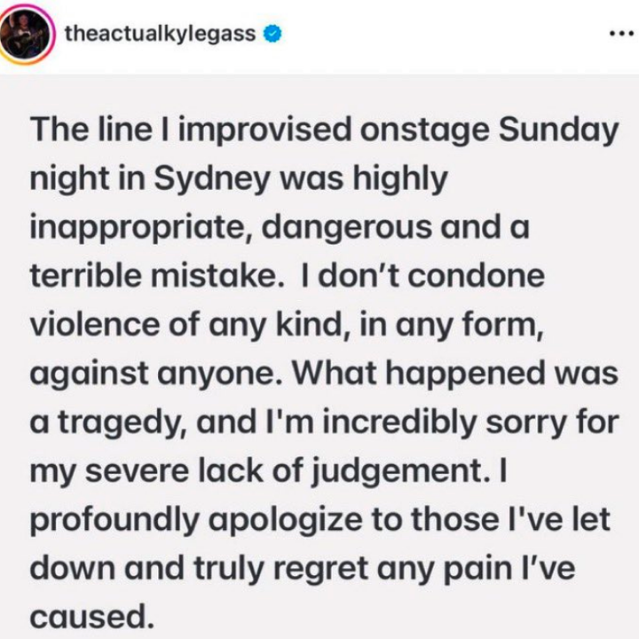 Kyle Gass apologizes on Instagram for his inappropriate and dangerous onstage actions in Sydney, acknowledging a lapse in judgment and the pain he caused