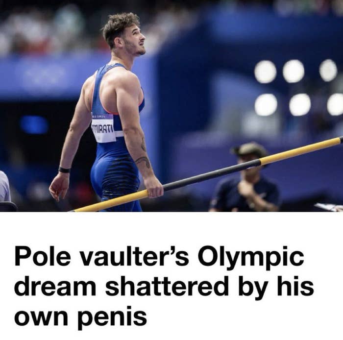 A male pole vaulter in athletic gear looks up, gripping a pole. Text below reads: "Pole vaulter's Olympic dream shattered by his own penis"