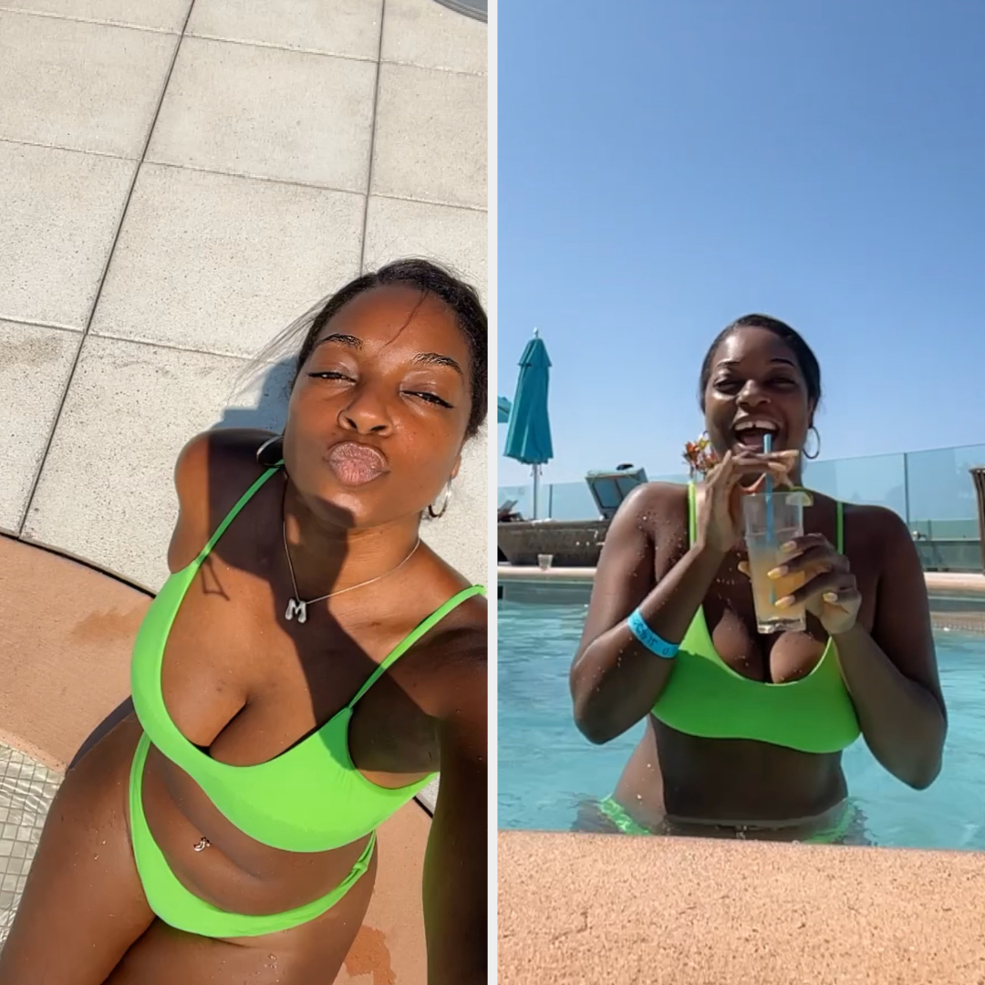 A woman wearing a green bikini is taking selfies. In the left image, she is on the ground; in the right, she is in a pool drinking a beverage