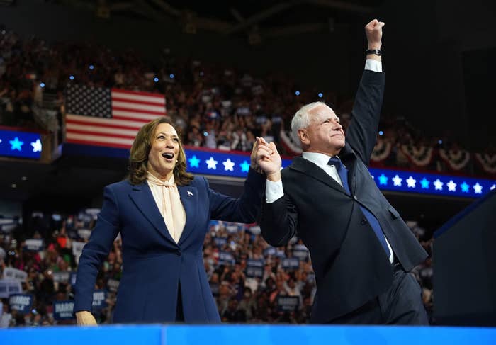 Kamala Harris and Doug Emhoff hold hands on stage at a political rally, with Harris in a suit and Emhoff in a suit, while a cheering crowd waves American flags