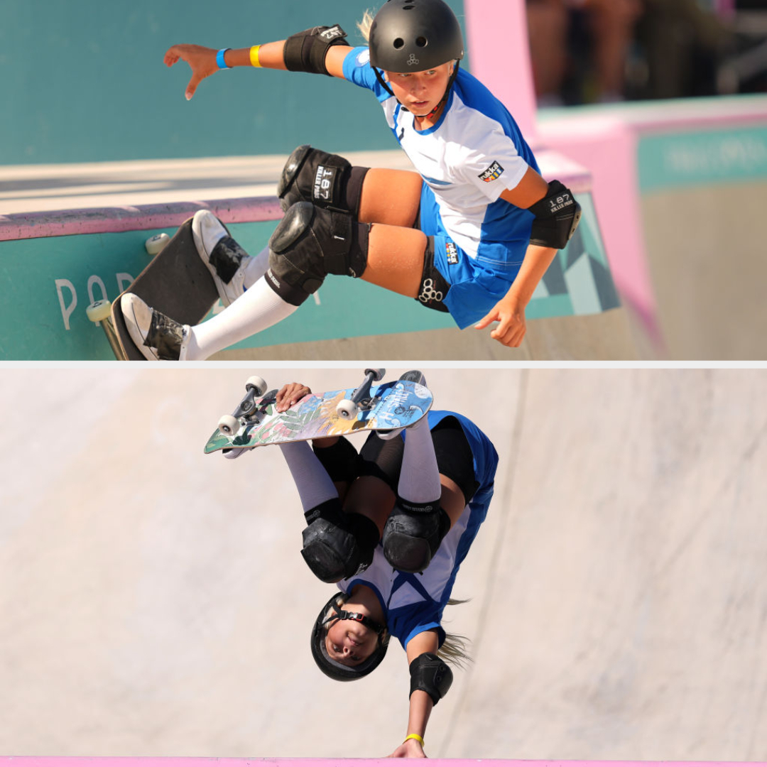 Sky Brown skateboards in a park. In the top image, she is performing a trick on a ramp, while in the bottom image, she is riding upside-down in a skate bowl