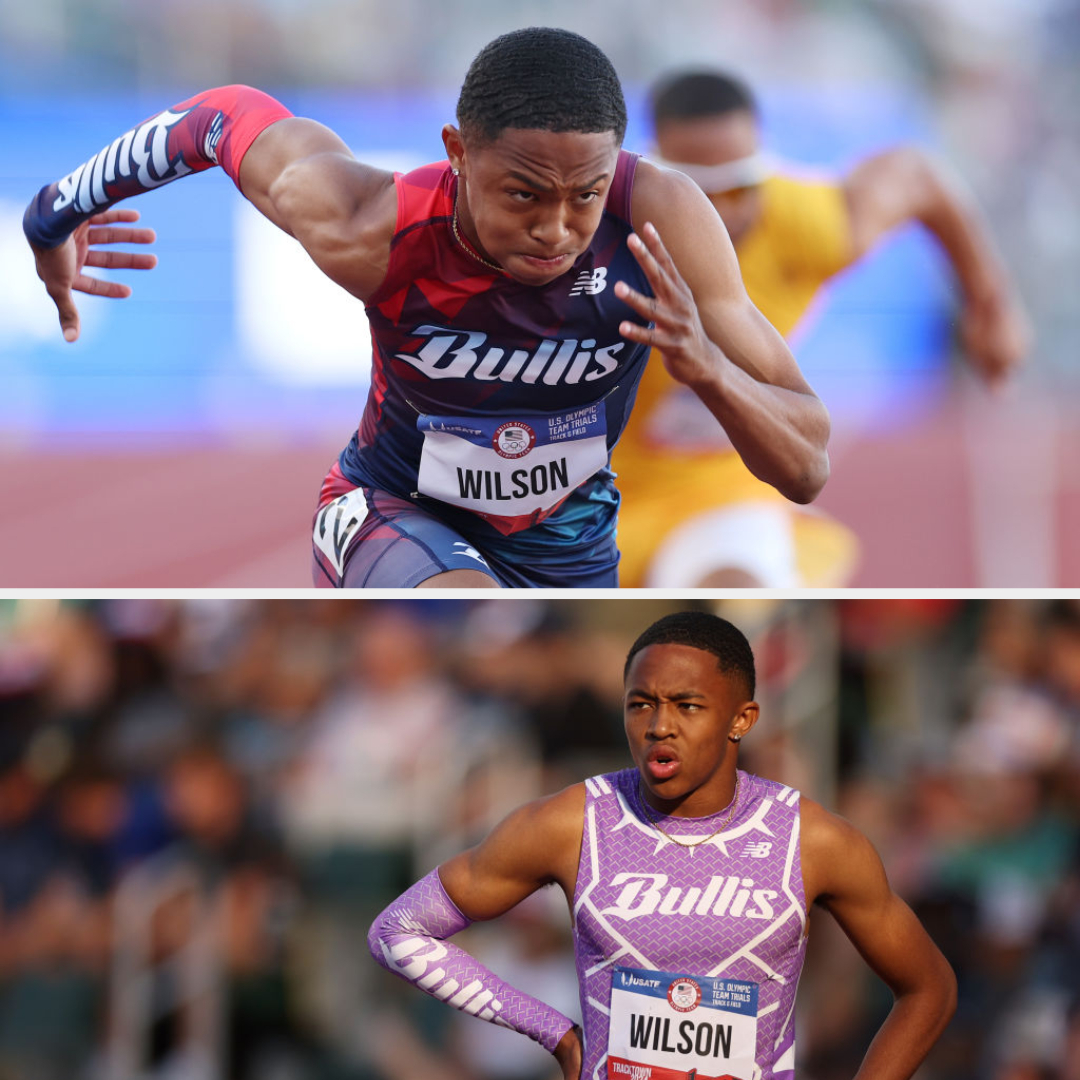 Two images of track and field athlete Wilson, in a sprinting pose and after a race wearing Bullis team uniforms