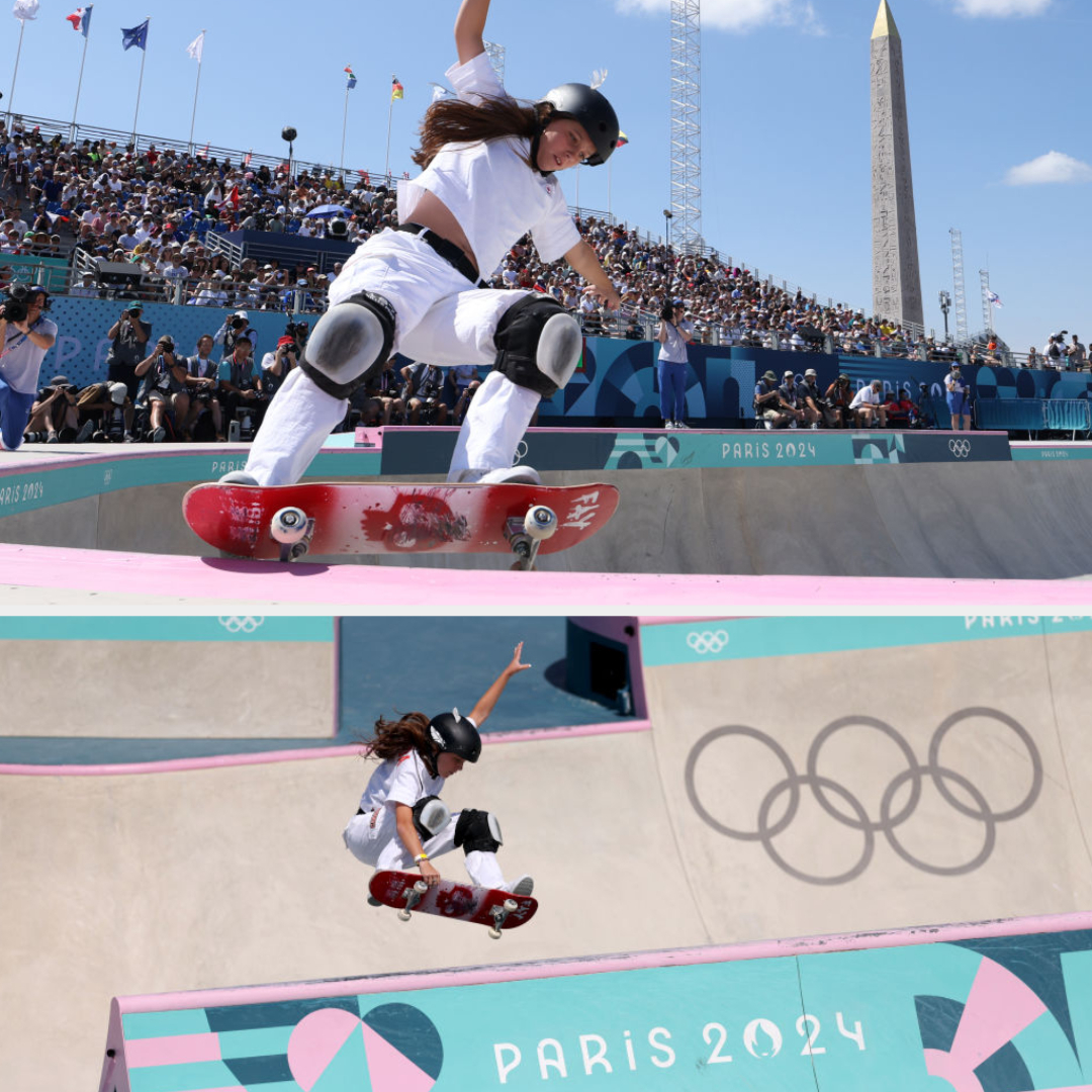 A skateboarder performs stunts at the Paris 2024 Olympic skateboarding event. Pyramids and obelisk in the background. Large crowds are seated in the stands