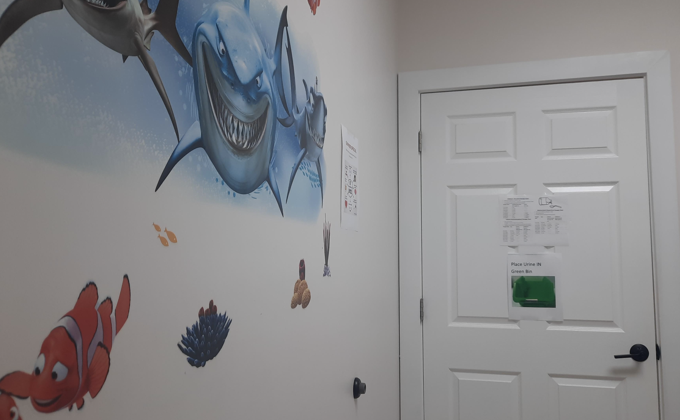 Nemo, Bruce, and other fish from Finding Nemo are painted on a white wall in a room next to a white door with a sign that reads "Please Close the Gate."