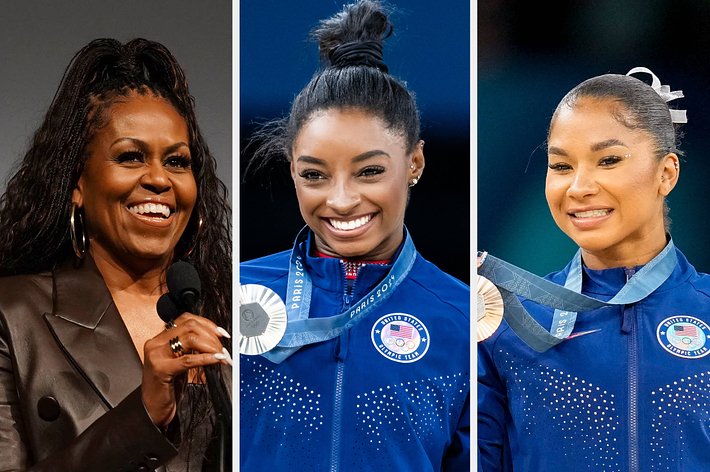 From left to right: Michelle Obama speaks at a podium, Simone Biles smiles wearing a Team USA uniform and a medal, Jordan Chiles smiles wearing a Team USA uniform and a medal