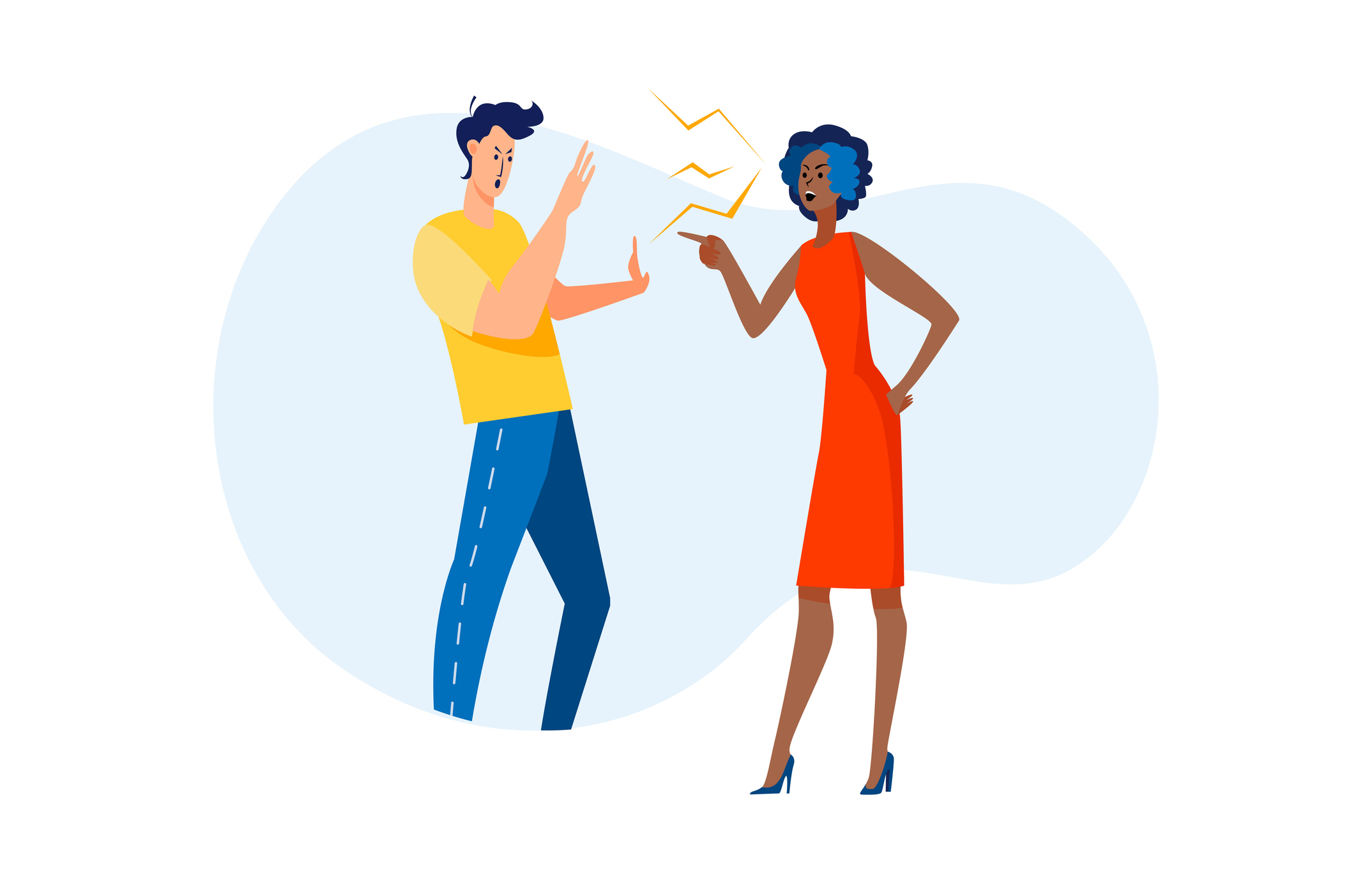 Illustration of a man in a yellow shirt and blue pants gesturing to stop, while a woman in a red dress and blue heels points at him angrily