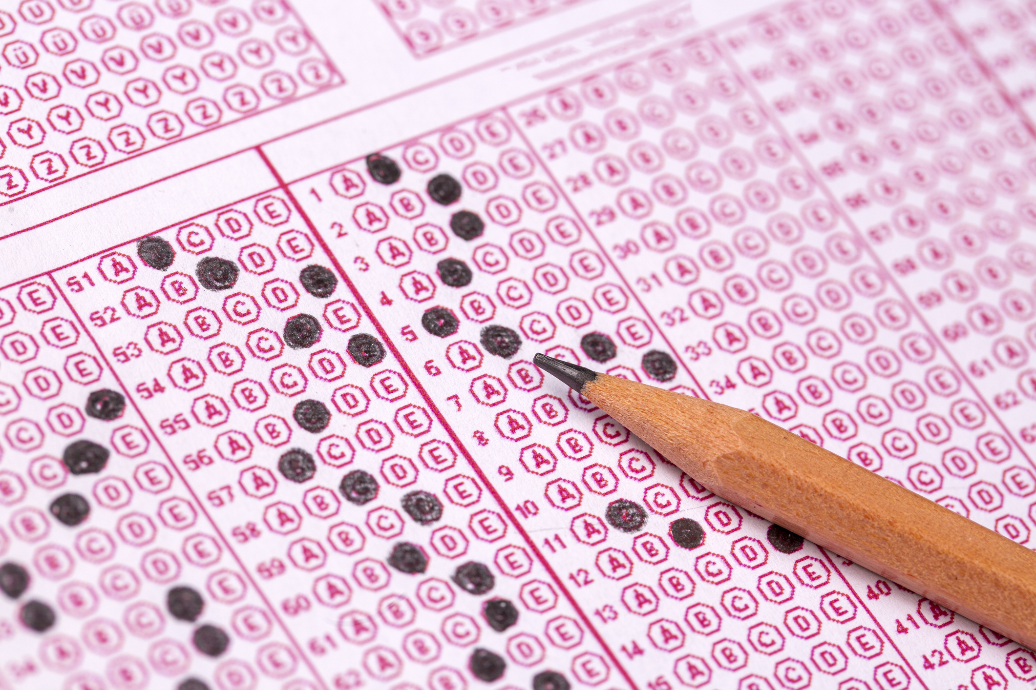 Close-up of a standardized test answer sheet filled in with a pencil