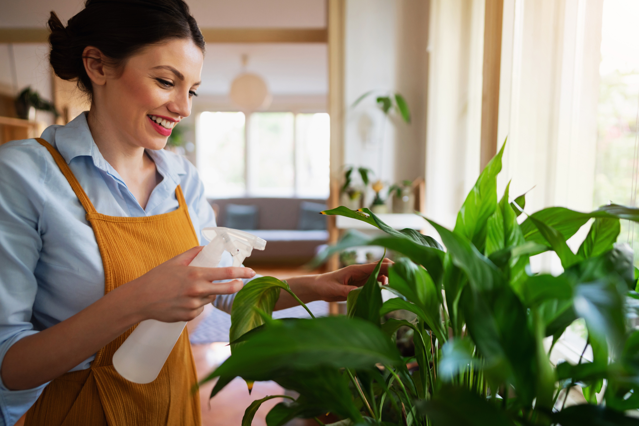 Woman with apron smiling while spraying houseplants inside a bright room