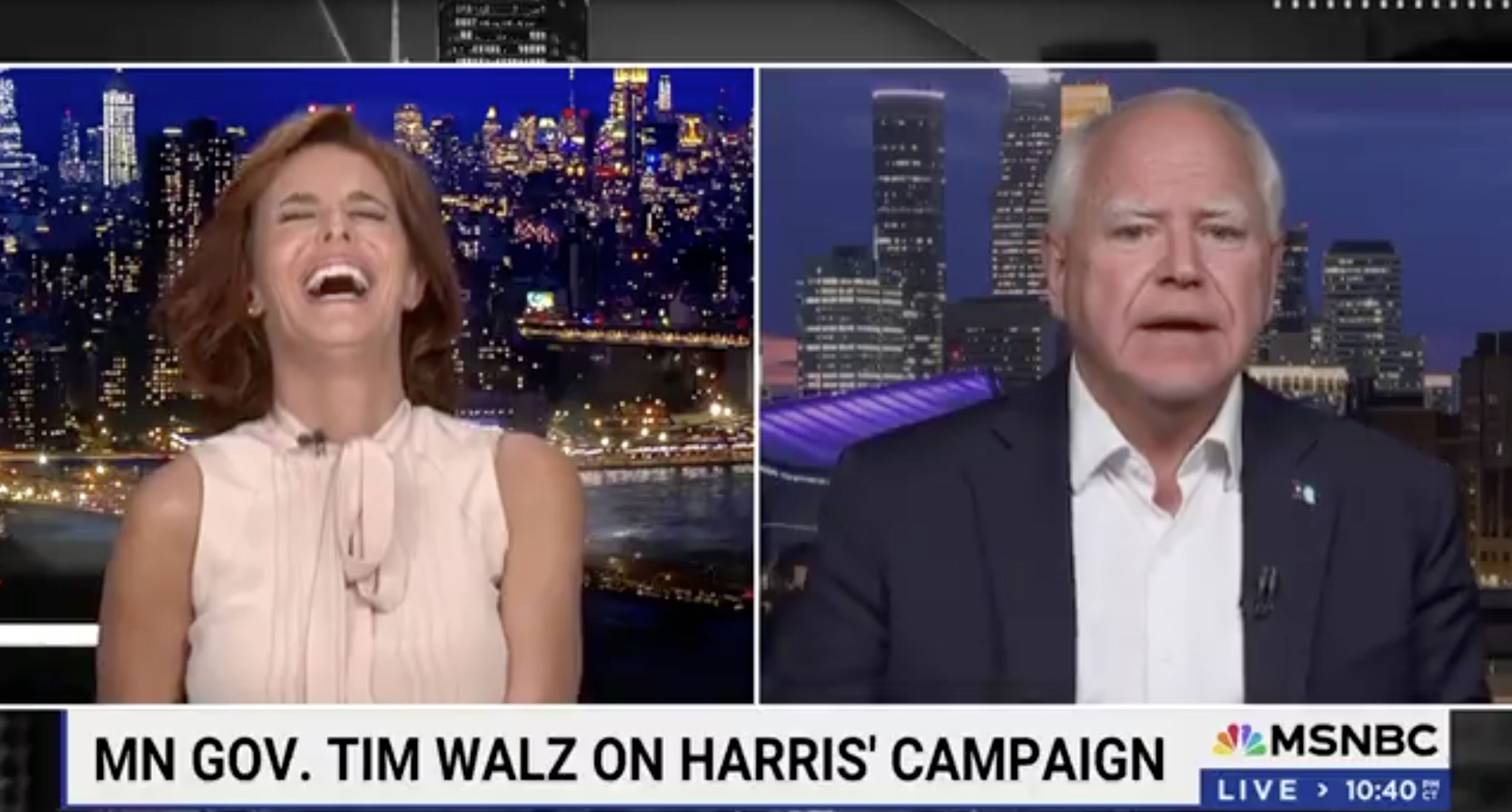 Tim Walz on television speaking with Stephanie Ruhle who's laughing during an MSNBC interview discussing Harris' campaign