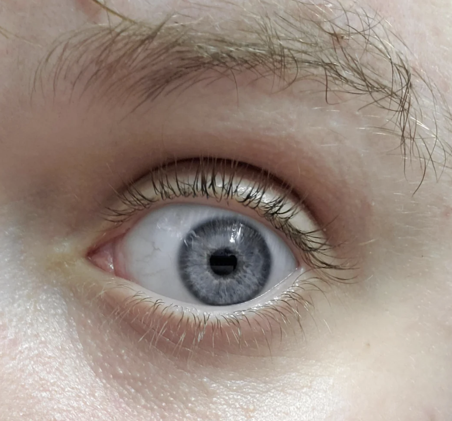 Close-up of a wide-open human eye, highlighting the details of the iris and eyelashes