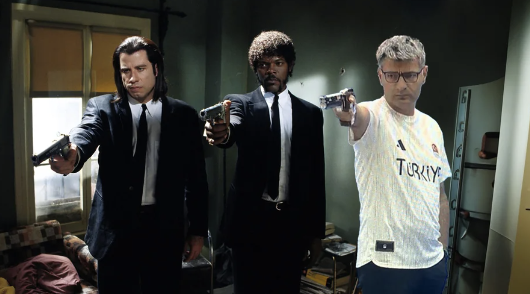 Image of John Travolta and Samuel L. Jackson dressed as their characters from "Pulp Fiction" alongside a man wearing a white sports jersey. All are pointing guns