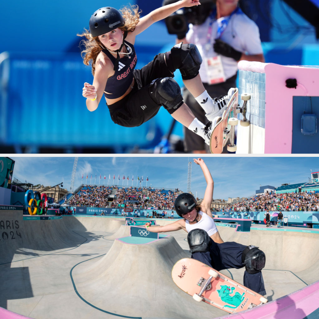Skateboarder Sky Brown performs tricks in a skatepark during a competition. A large crowd and event signage are visible in the background