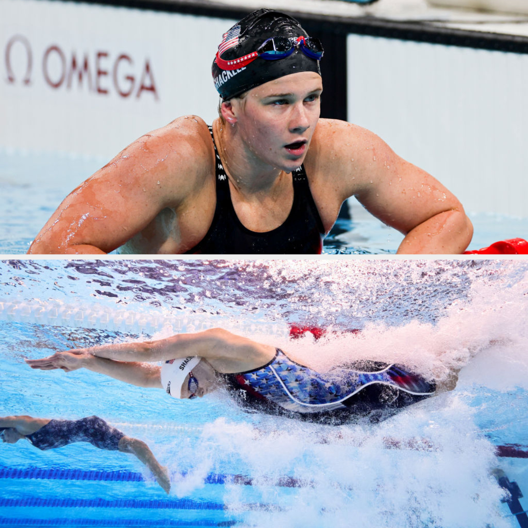 Paralympic swimmer Jessica Long in a pool during a race and resting at the pool edge wearing a black swimsuit and swim cap