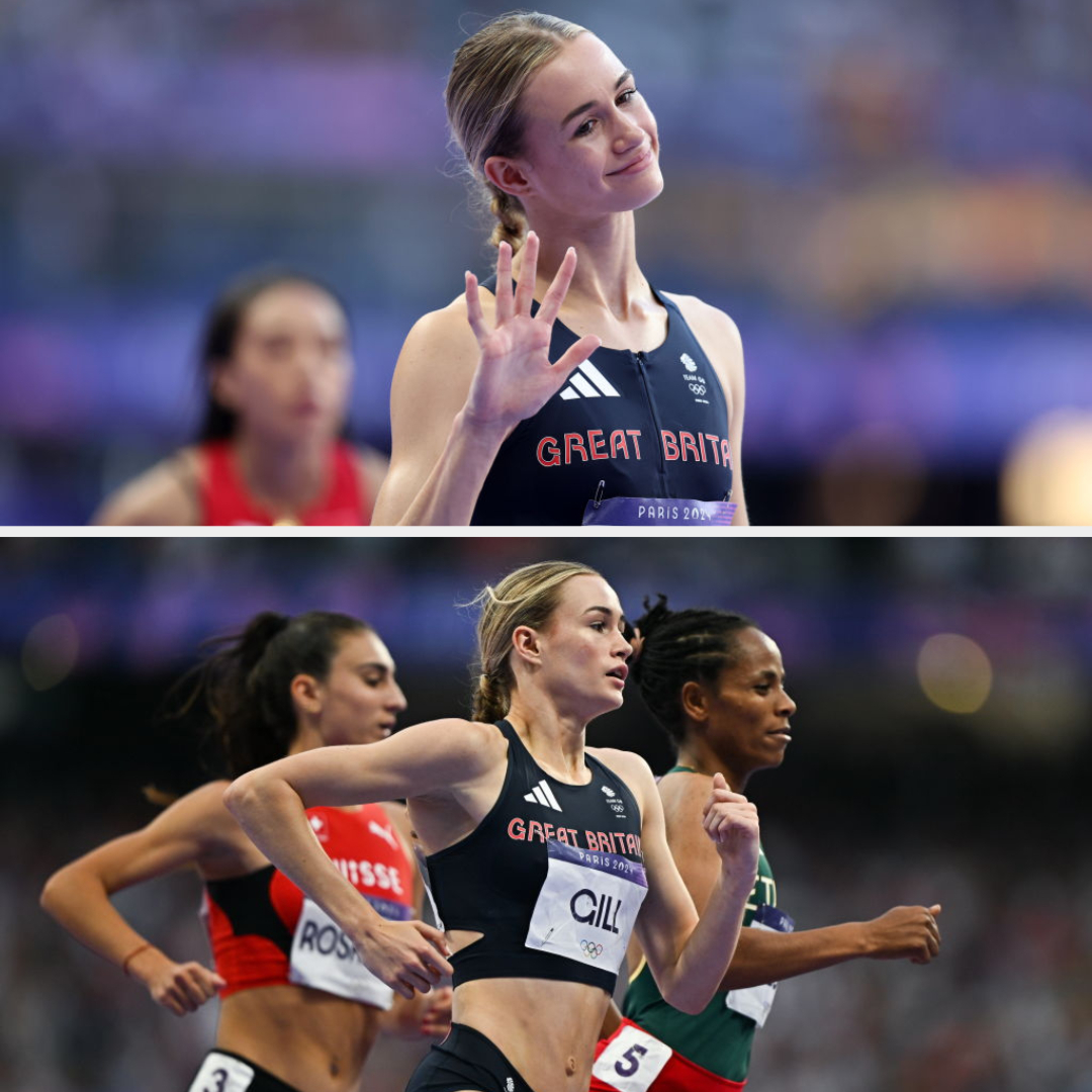 Two images: Top: Keely Hodgkinson waves at the camera in sports attire. Bottom: Keely Hodgkinson runs in a track race with competitors