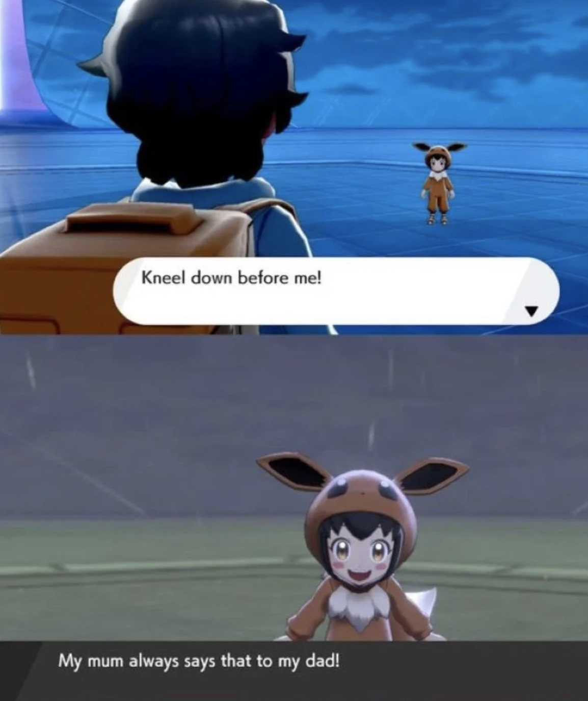 A Pokémon game screenshot with a character facing an Eevee-costumed trainer. The trainer says, "Kneel down before me!" and "My mum always says that to my dad!"