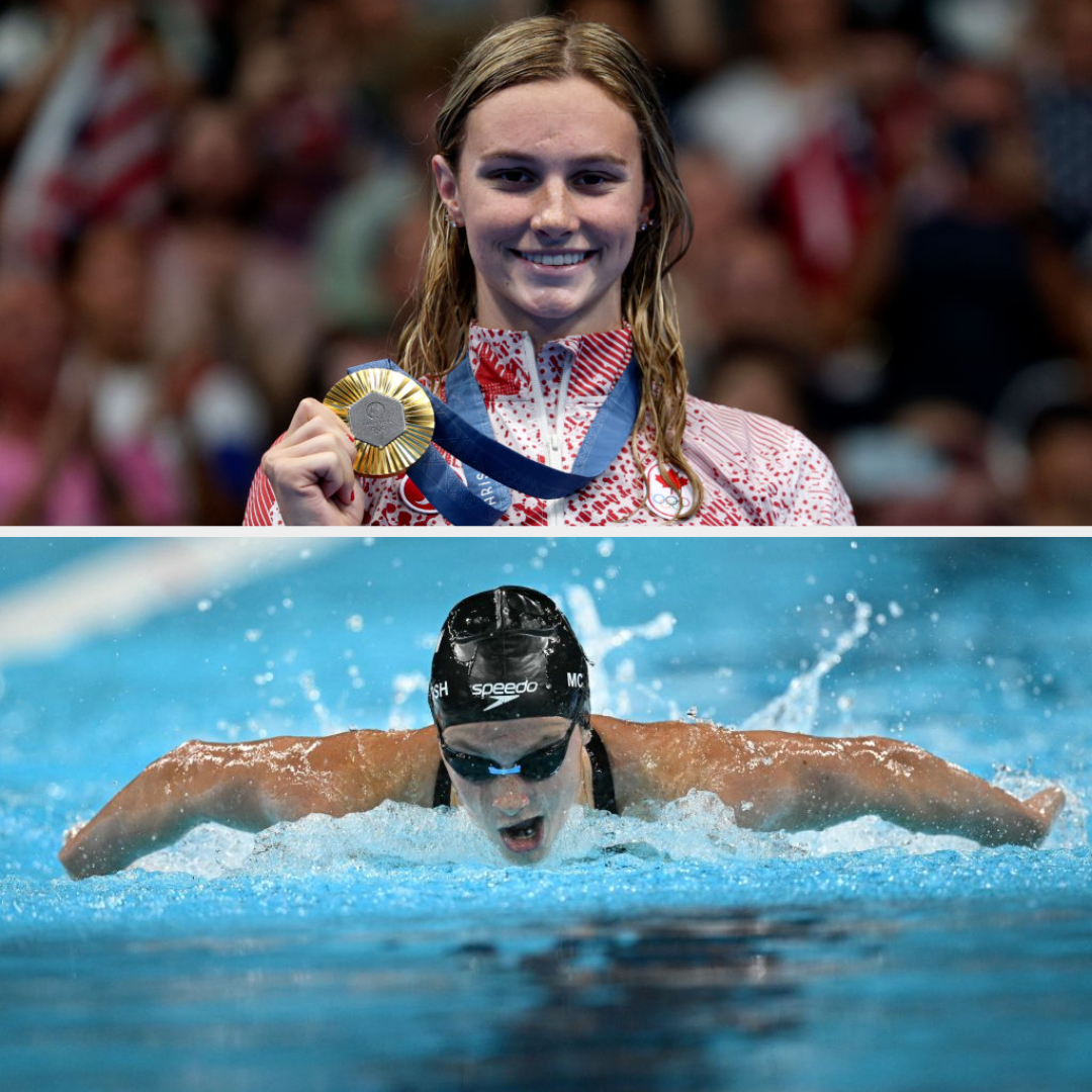 Top: Lydia Jacoby smiles holding a gold medal. Bottom: Lydia Jacoby competes in a swimming race.