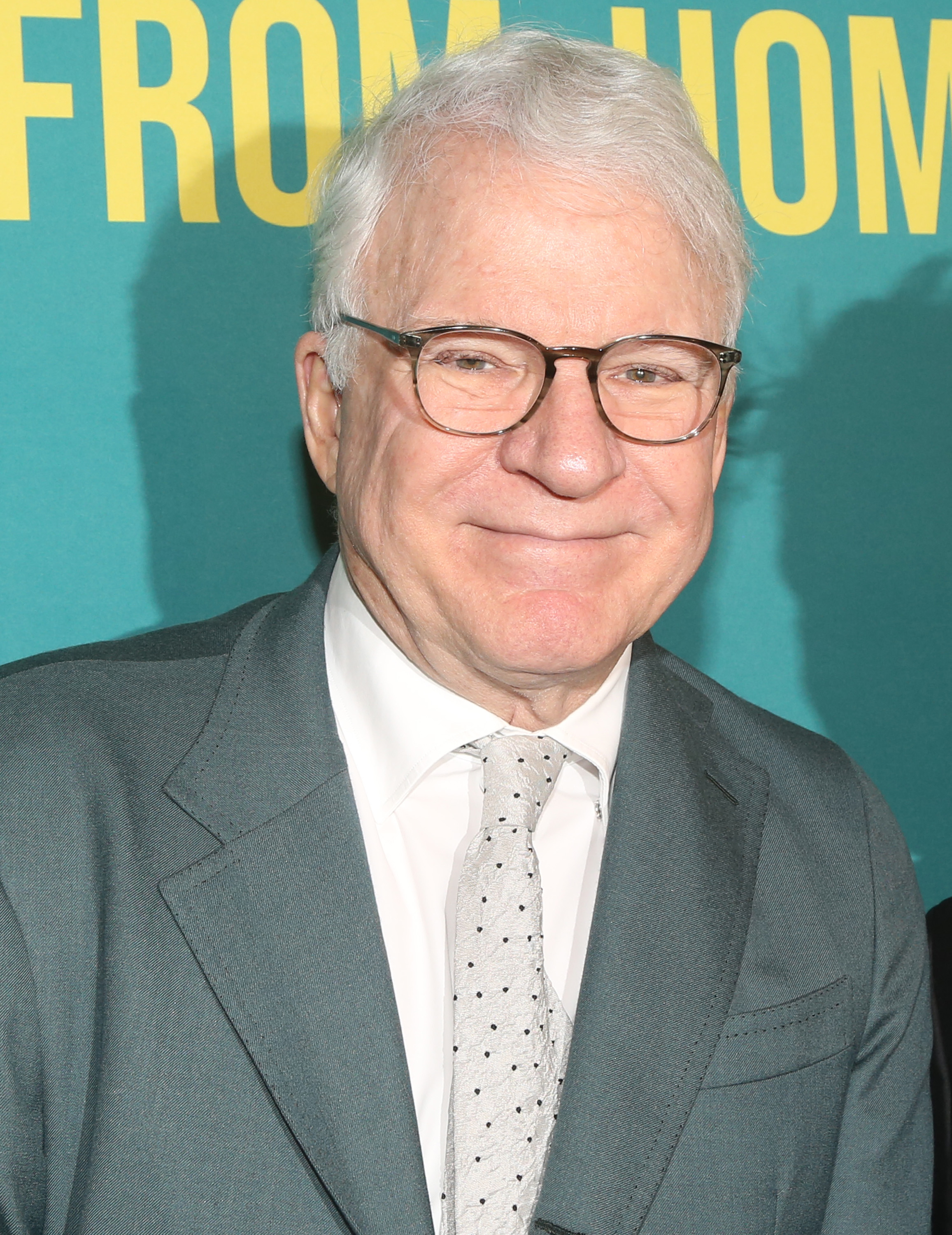 Steve Martin wearing a suit and polka dot tie, standing in front of a backdrop that partially reads "FROM"