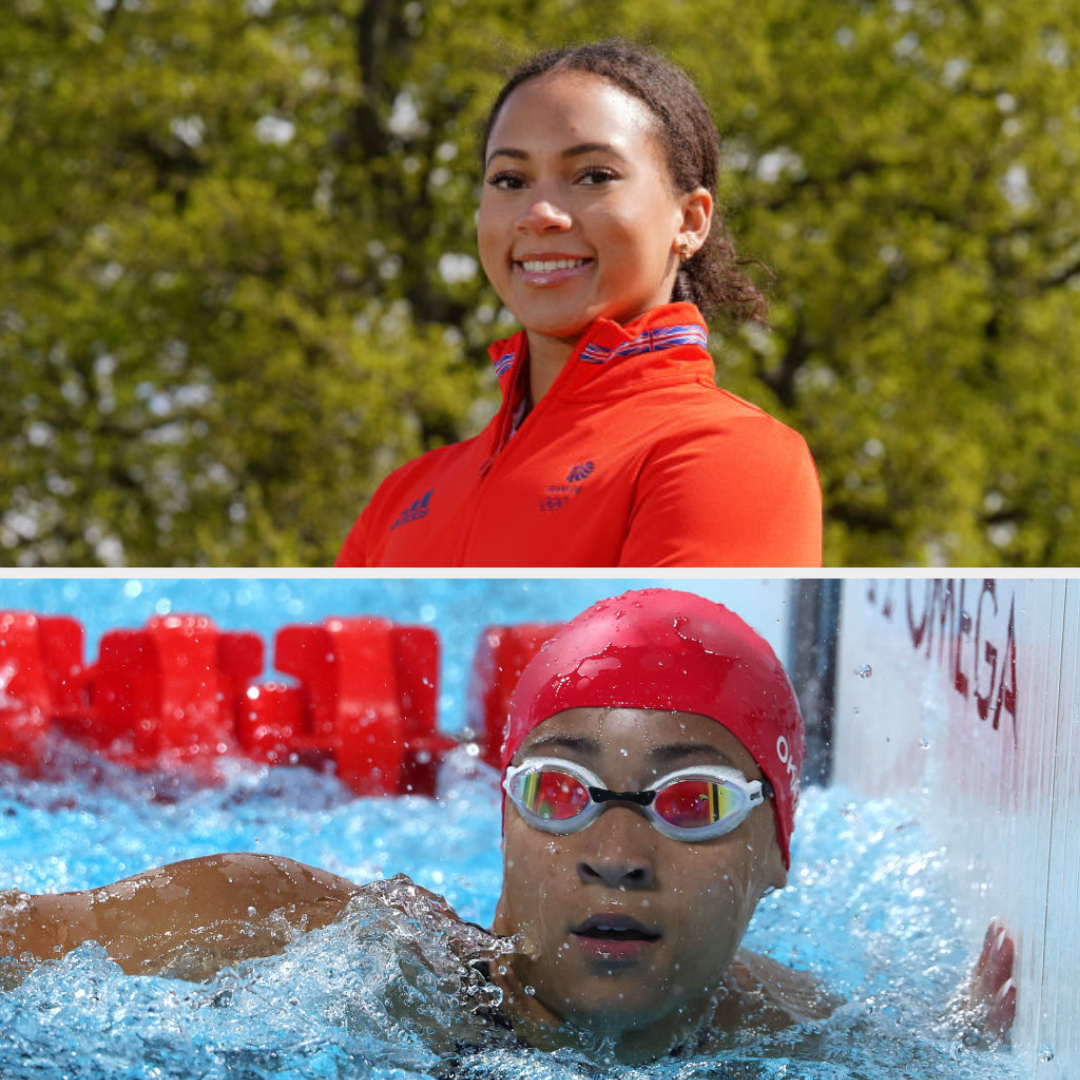 Alice Dearing, known for her swimming, is pictured. Top: Alice in a jacket posing outdoors. Bottom: Alice in a swim cap and goggles swimming in a pool