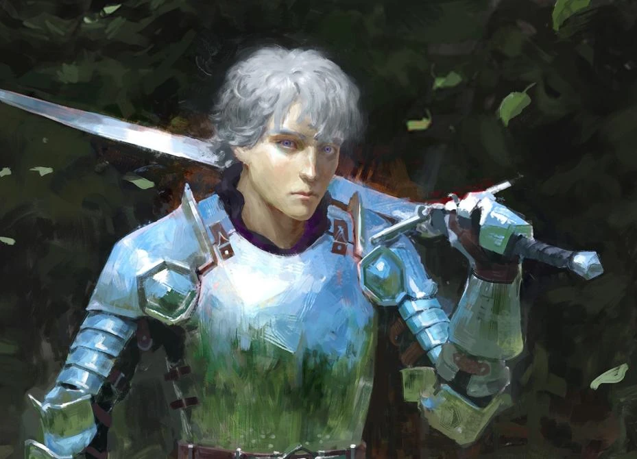 Un joven con armadura medieval sostiene una espada en el hombro, con expresión seria. La escena sugiere un entorno de fantasía. No se reconocen figuras públicas