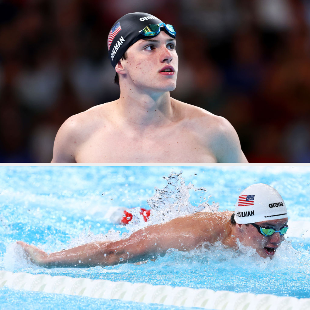 Carson Foster is shown in two images: the top image is a close-up of him in swim gear, and the bottom image shows him swimming in a competition