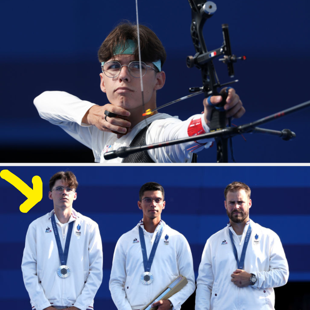 Archer Jack Williams, wearing glasses, focuses on shooting an arrow. Below: Jack Williams (left), with two teammates, displays a silver medal.