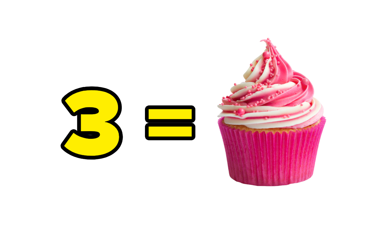 Number 3 equals a cupcake with pink and white icing, topped with sprinkles