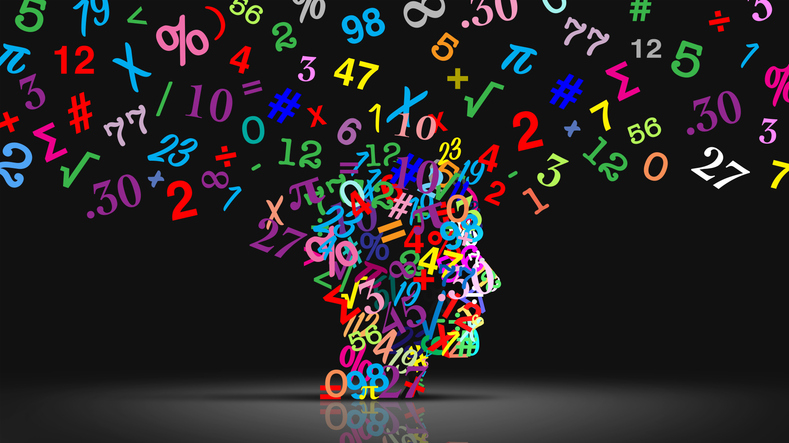 Silhouette of a human head filled with multicolored numbers and mathematical symbols, representing thoughts or intelligence