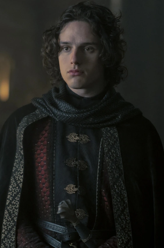 Joven de cabello rizado con una capa medieval oscura y una túnica con detalles dorados